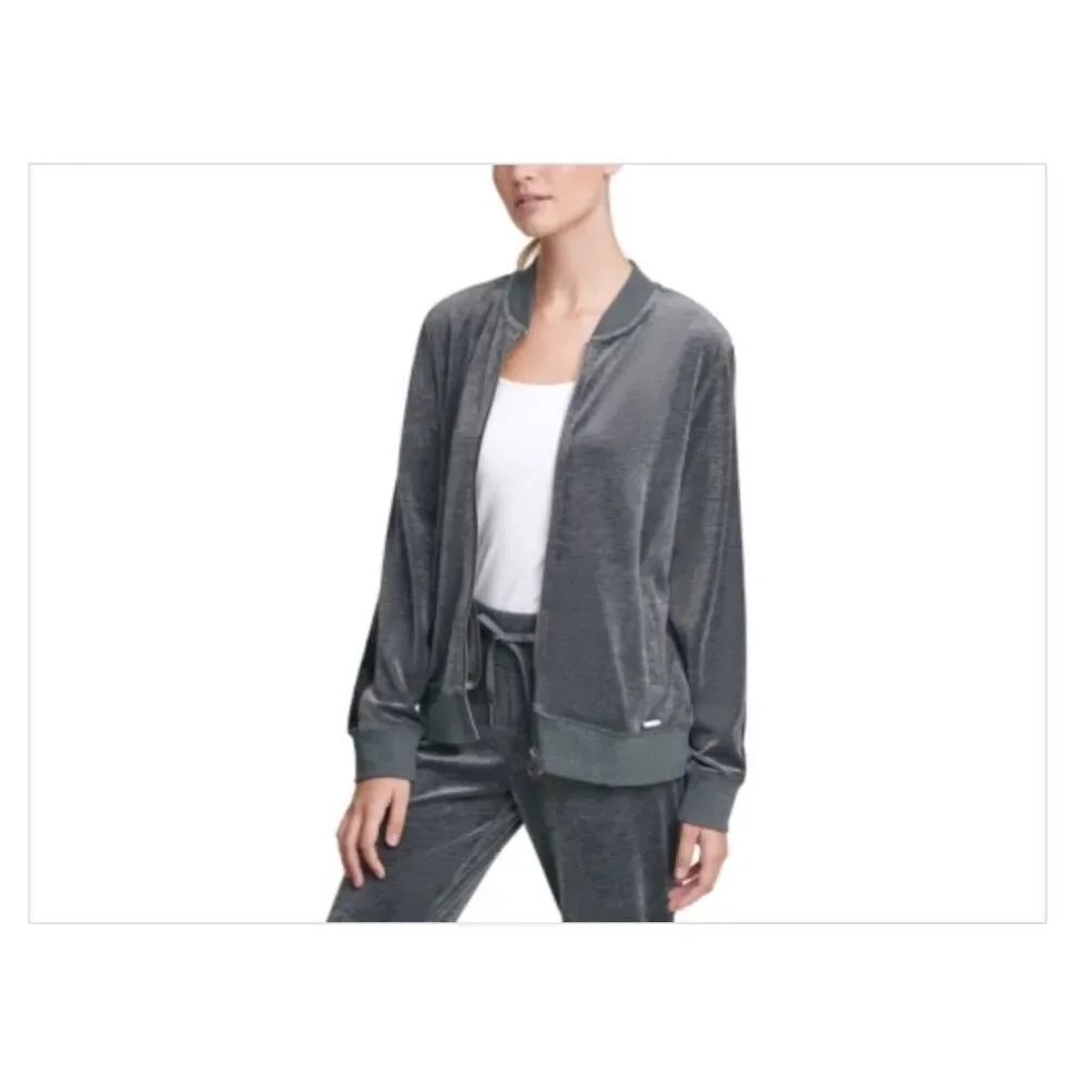 Calvin klein womens Sz M gray velour bomber jacket faux leather trim